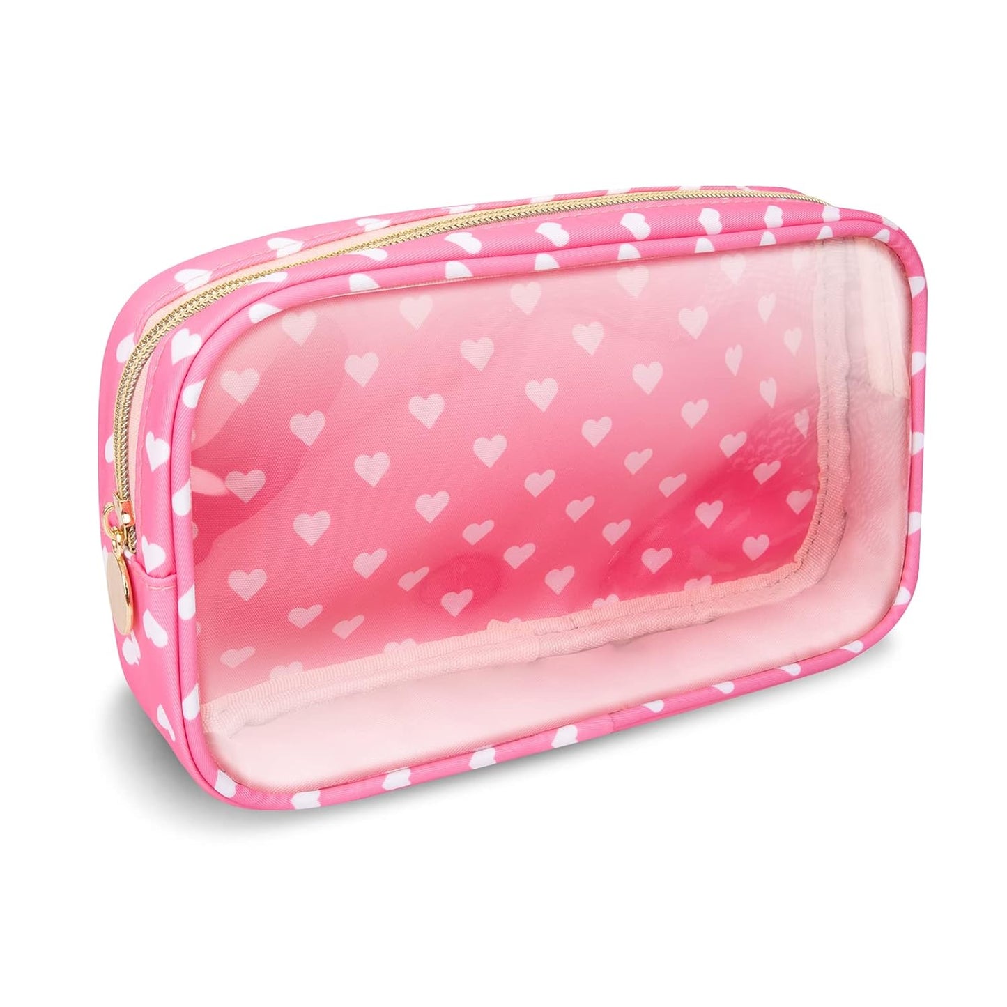Clear Small Makeup Bag with Zipper, Nylon&PVC Cosmetic Travel Bag Preppy TSA Approved Toiletry Bag for Women Girls, Transparent Waterproof Makeup Pouches Cute Travel Bag for Purse(Small-Pink Heart)