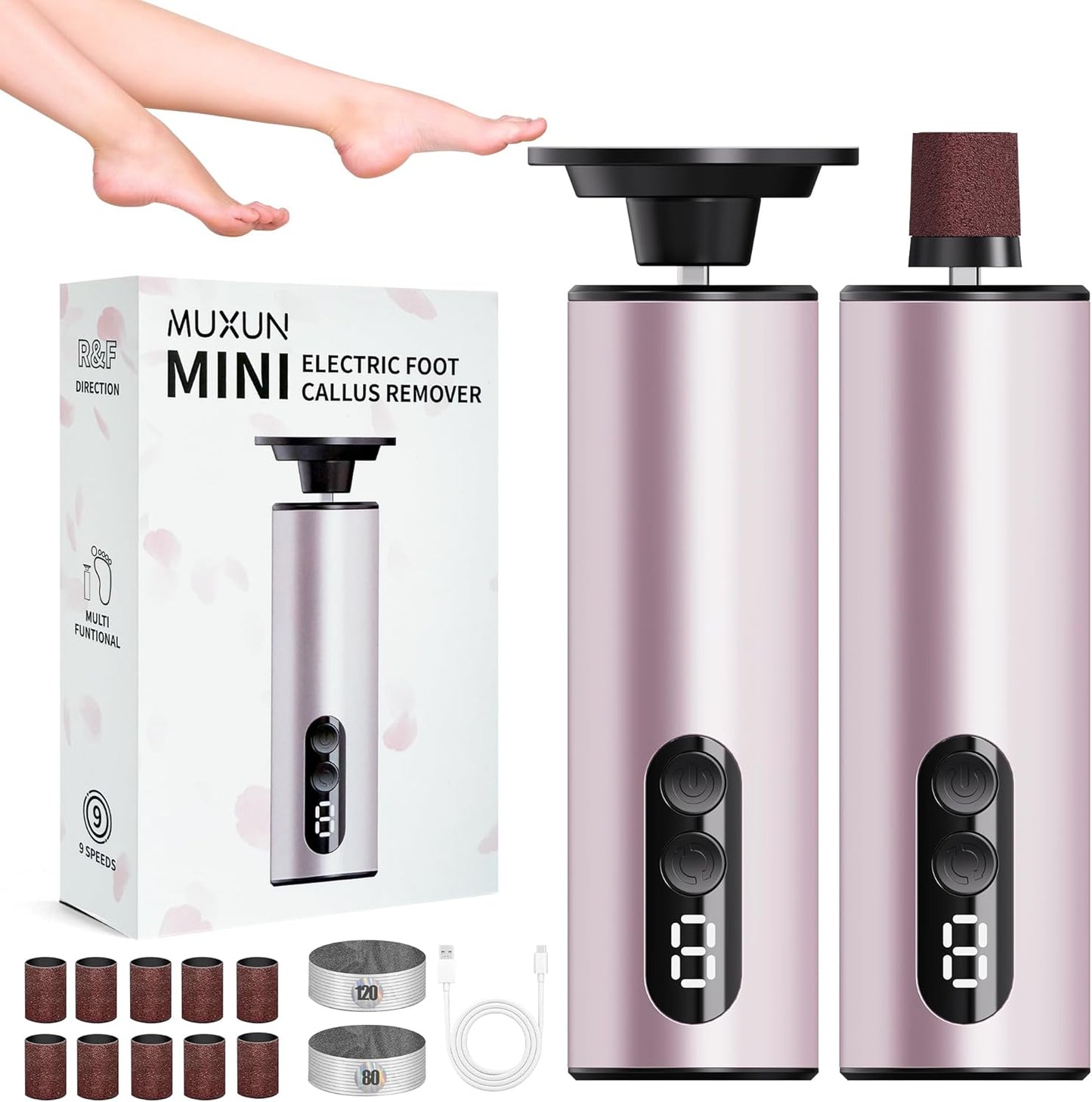 Electric Foot Callus Remover,2 in1 Rechargeable Callus Remover for Feet,9-Speed Wireless Electric Foot File Nail Grinder,Foot Scrubber Pedicure Tools for Dead Skin Dry Cracked Feet(Pink MINI)