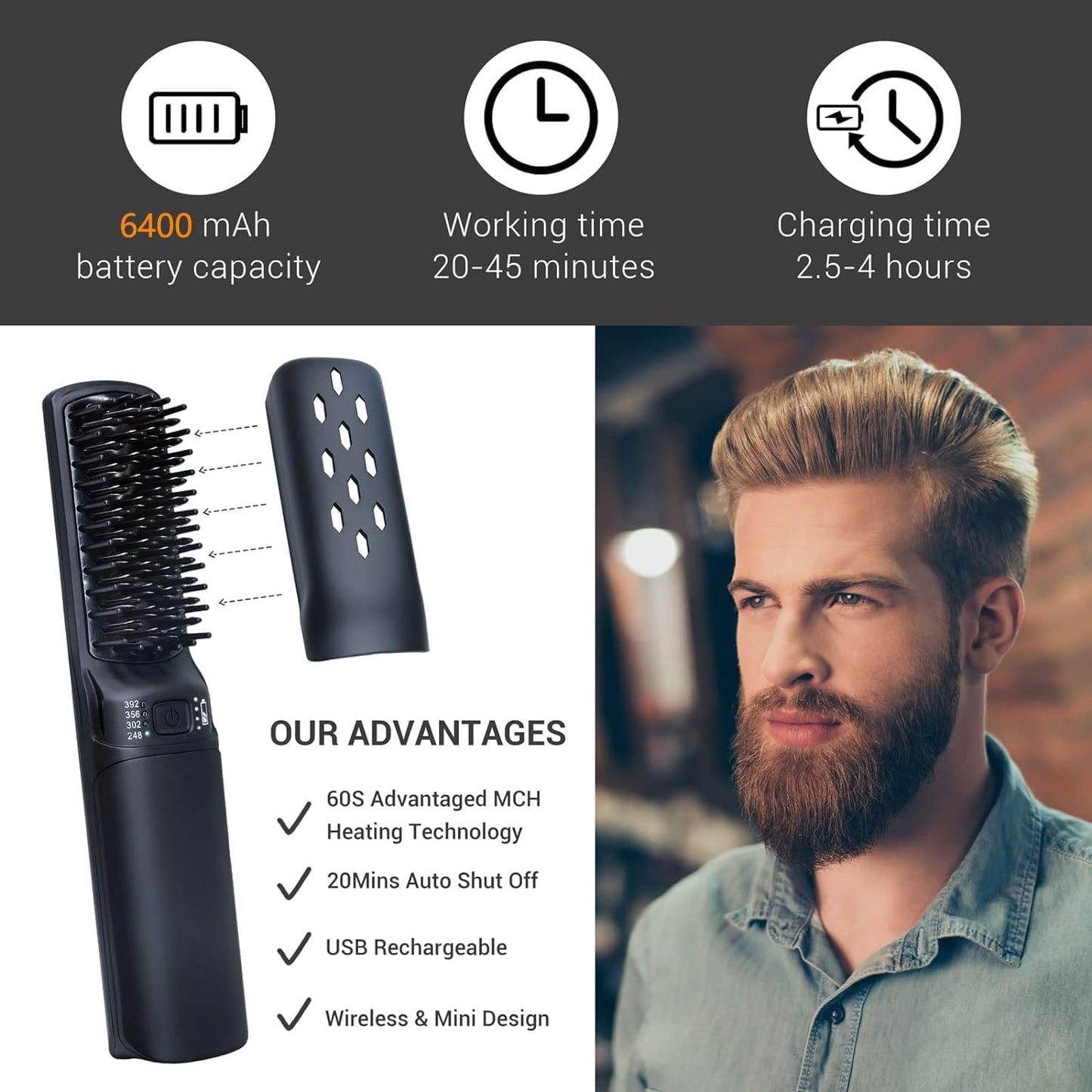 Premium Beard Mini Straightener Brush, Professional Straightener Brush for Men, Rechargeable 6400 mAh Straightening Tool Heated Comb, for Short & Long Beards for Home and Travel
