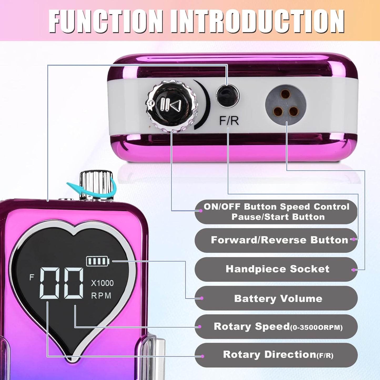 Professional Electric Nail Drill Machine for Acrylic Nails, 35000 RPM Electric Nail File Tool Set, Portable E-File Rechargeable Manicure Pedicure Polish Kit for Home Salon Tech (Heart Sunset Blue)