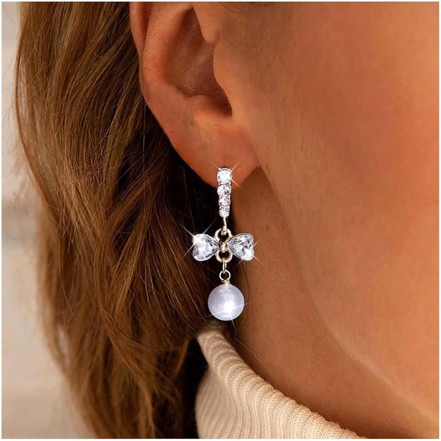 Vintage Crystal Pearl Dangle Earrings Rhinestone Bow Drop Earrings Cz Pearl Earrings Gold Pearl Bow Stud Earrings Jewelry for Women