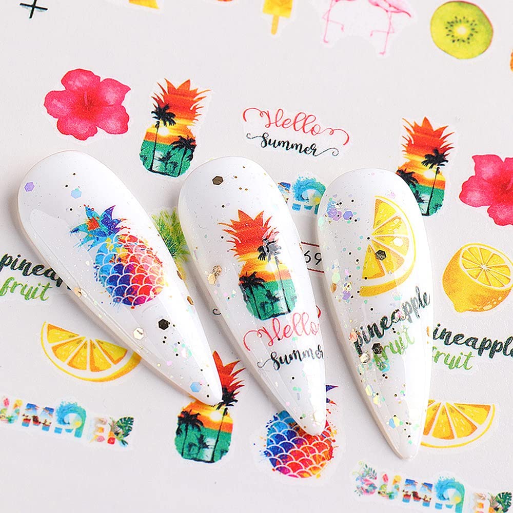 ROMODIYA Summer Nail Stickers & Decals, 12 Sheets, Multicolor Fruits & Flamingo Tropical Designs, Water Transfer Nail Decals for Women & Girls, DIY Nail Art Accessories