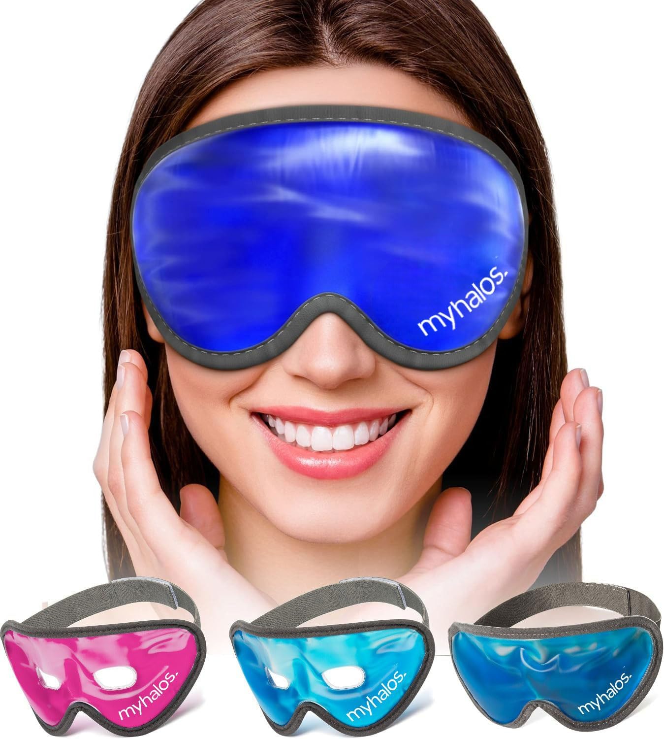 MyHalos® Gel Eye Mask - Reusable Cold Eye Mask with Adjustable Straps- Our Soothing Eye Gel Mask Helps Puffy Eyes, Dark Circles and Hangovers - Our Eye Ice Pack Also Relieves Sinus Pain & Headaches