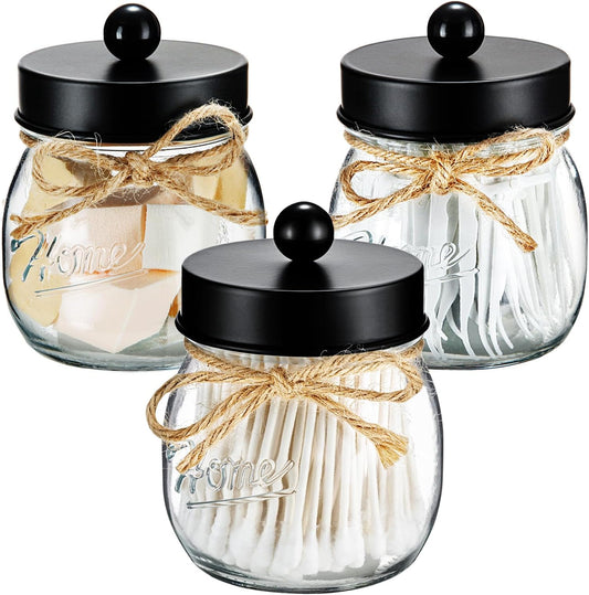 SheeChung 3 Pack Qtip Holder, Cotton Swab Holders, Apothecary Jars with Lids, Bathroom Jars, Black Bathroom Accessories for Cotton Round Pads, Balls, Floss Pick - Black