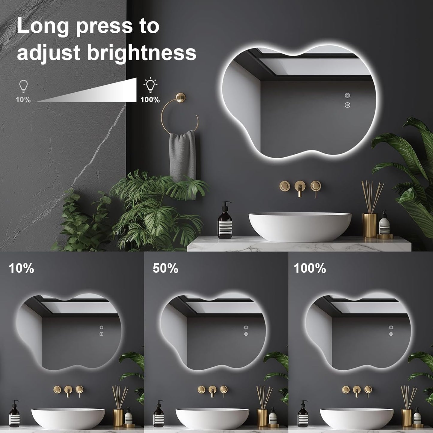 30"x22" Irregular LED Bathroom Mirror with Front & Backlight, Anti-Fog, Dimmable, 3 Color Modes, Wall-Mounted [Horizontal/Vertical]