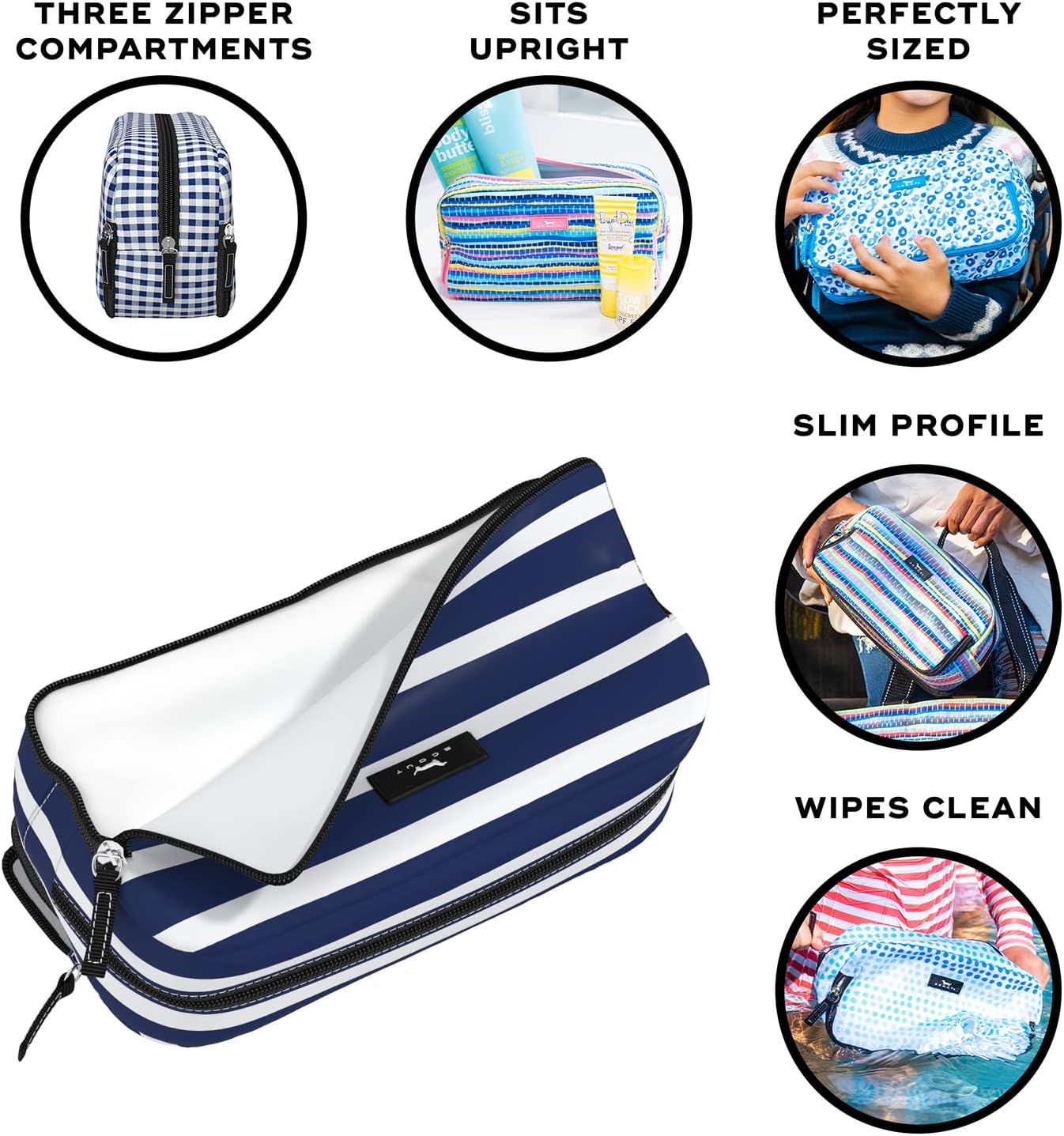 SCOUT 3-Way Toiletry Bag - Travel Makeup Pouch for Women with Three Zipper Compartments - Stands Upright, Wipes Clean