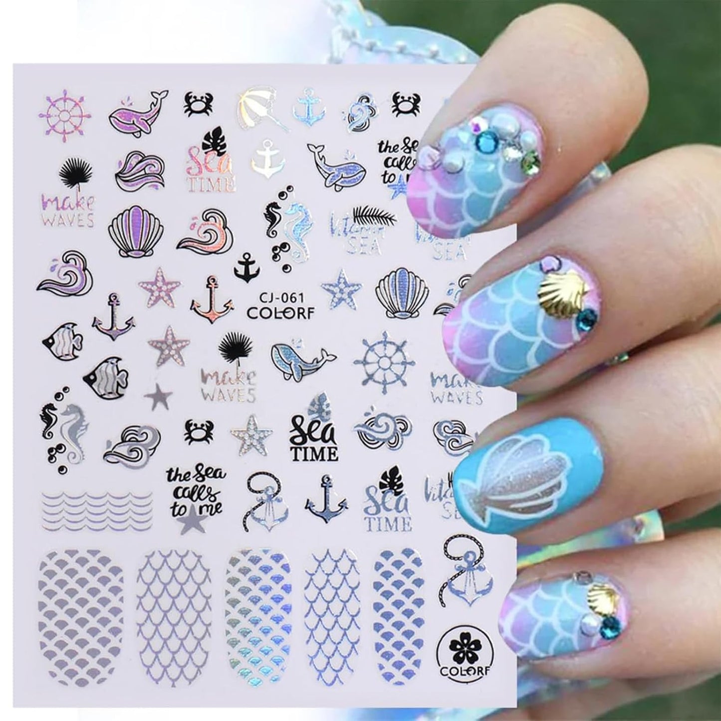 Summer Nail Art Stickers 6 Sheets Shell Nail Decals 3D Self-Adhesive Nails Design Accessories Palm Tree Jellyfish Mermaid Stickers for Women Nails Decoration