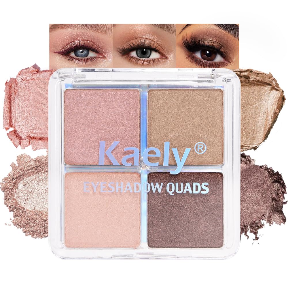 Kaely Powder Eyeshadow Quad, Rose Gold Pink Glitter Eyeshadow Palette Makeup, Neutral Eye Shadow Palette for Older Women Pigmented Waterproof, sombras para ojos, Blendable, Cruelty-free, 06