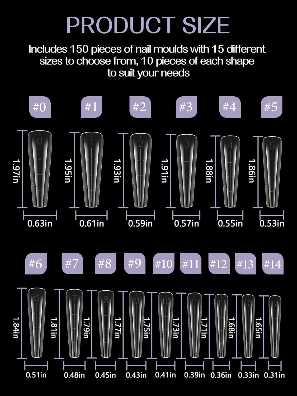 TOROKOM Nail Dual Forms for Poly Nail Gel, 150Pcs Coffin Extension Gel Nail Molds Clear Acrylic Nail Tips, Full Cover Reusable Nail Forms for Builder Nail Gel Nail Art Design Salon&DIY