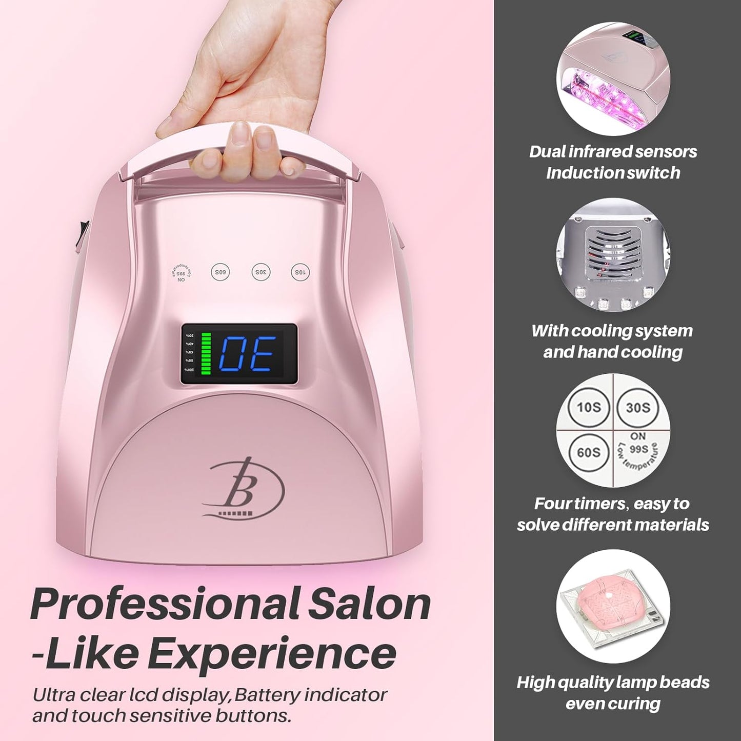 UV LED Nail Lamp,96W Rechargeable Cordless Nail Dryer, 52 Beads Quick Dry with Remote Control,4 Timers,Auto Sensor,Key Sound,Built-in Cooling Fan,Professional Gel Polish UV Light (Pink)