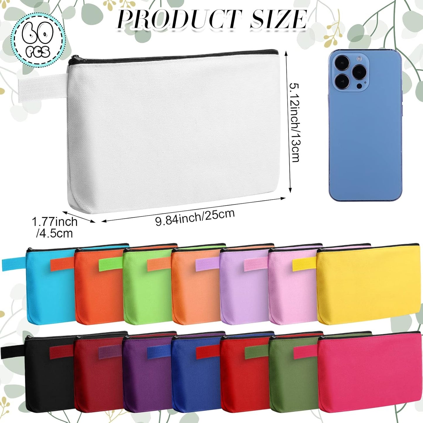 Reginary 60 Pieces Canvas Makeup Bags Bulk Cute Travel Cosmetic Pouch Multipurpose Blank Small Toiletry Bag DIY with Zipper for Women Teens Operation Christmas Gifts Items, 15 Colors(9.8 x 5 x 2 Inch)