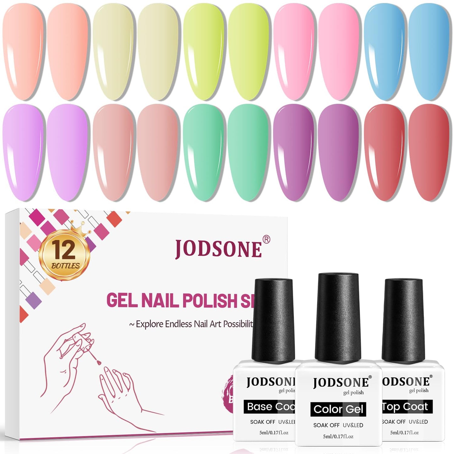 JODSONE 12 Bottles of Gel Nail Polish Set Glossy Top Coat Base Coat Gel Polish Ideal for Holiday Gift Giving