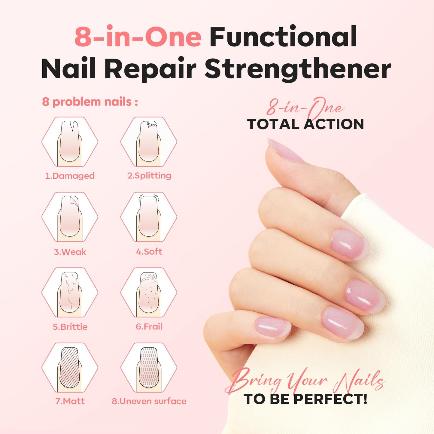 modelones Nail Strengthener, Sparkle Pink Nail Natural Concealer Foundation Polish Air Dry Nail Growth Polish for Damaged Nails Imperfection Masking Gifts for Women 15ml