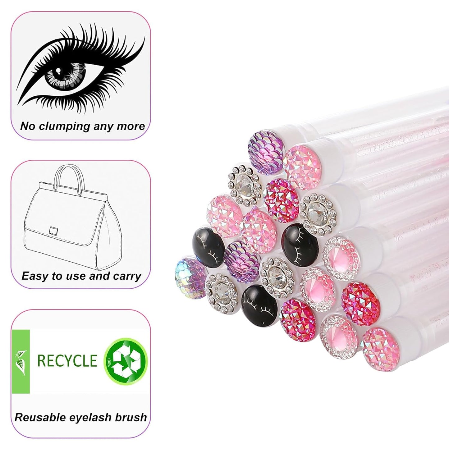 Upgrade 48 Pieces Disposable Mascara Wands Set,Include 24 Pcs Crystal Lash Spoolies Brush and 24 Pcs Reusable Keychain Empty Eyelash Brush Tubes