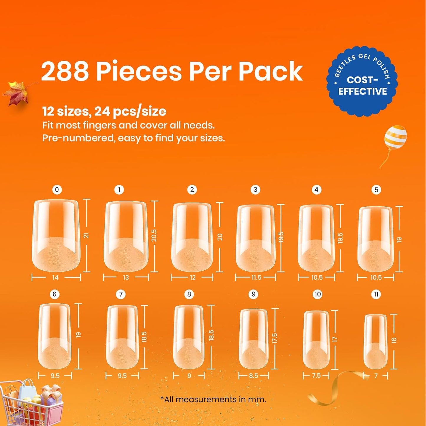 Beetles Short Square Gel Nail Tips 12 Sizes 288 PCS Half Matte Full Cover False Nails Clear Acrylic Nails Glue on Nails for Girls Women DIY Nail Extension