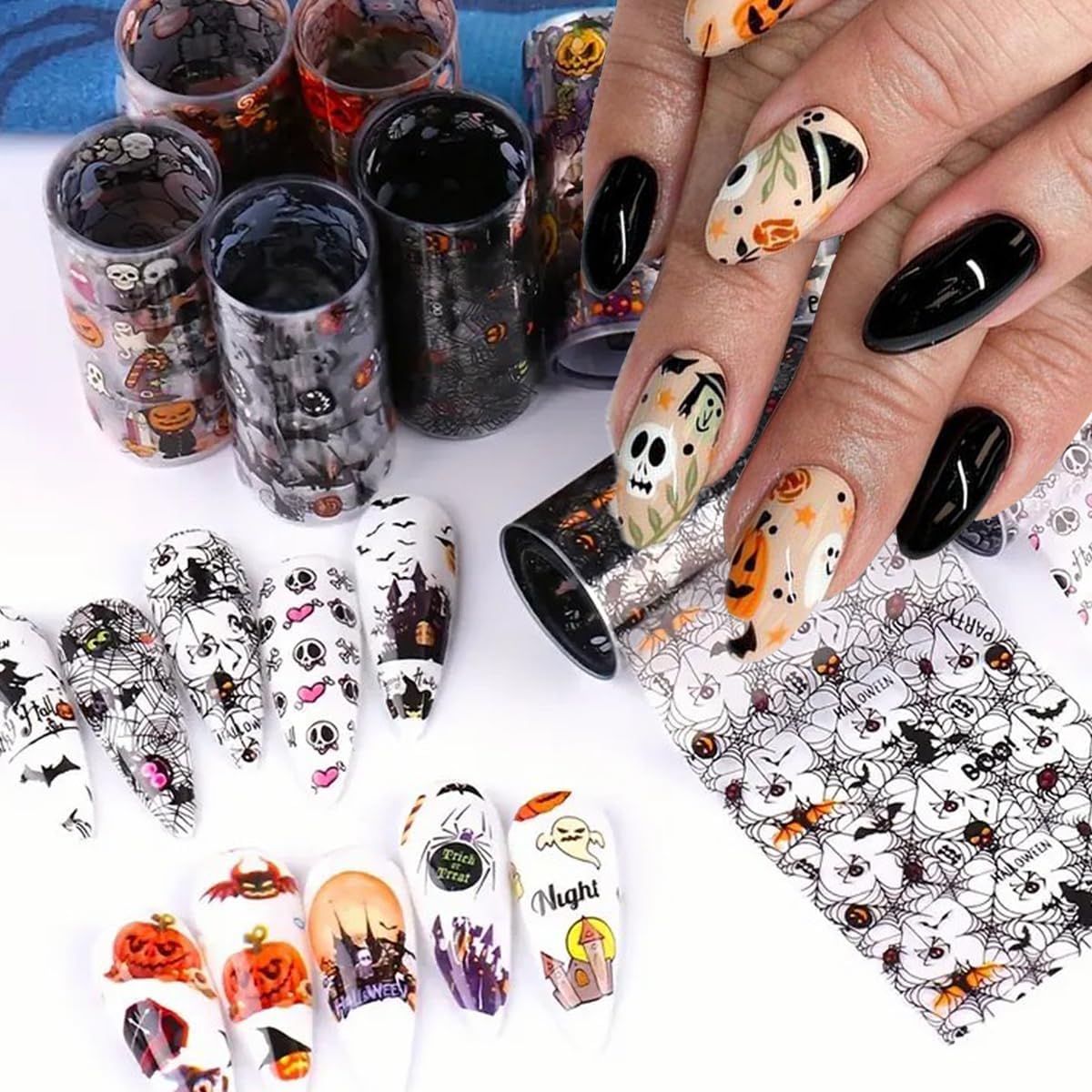 Halloween Nail Art Foils Transfer Stickers Halloween Nail Art Stickers Decals 10Rolls Pumpkin Spider Web Ghost Spider Nail Foils Adhesive Decals Nail Supplies for Women Holiday DIY Manicure Decoration