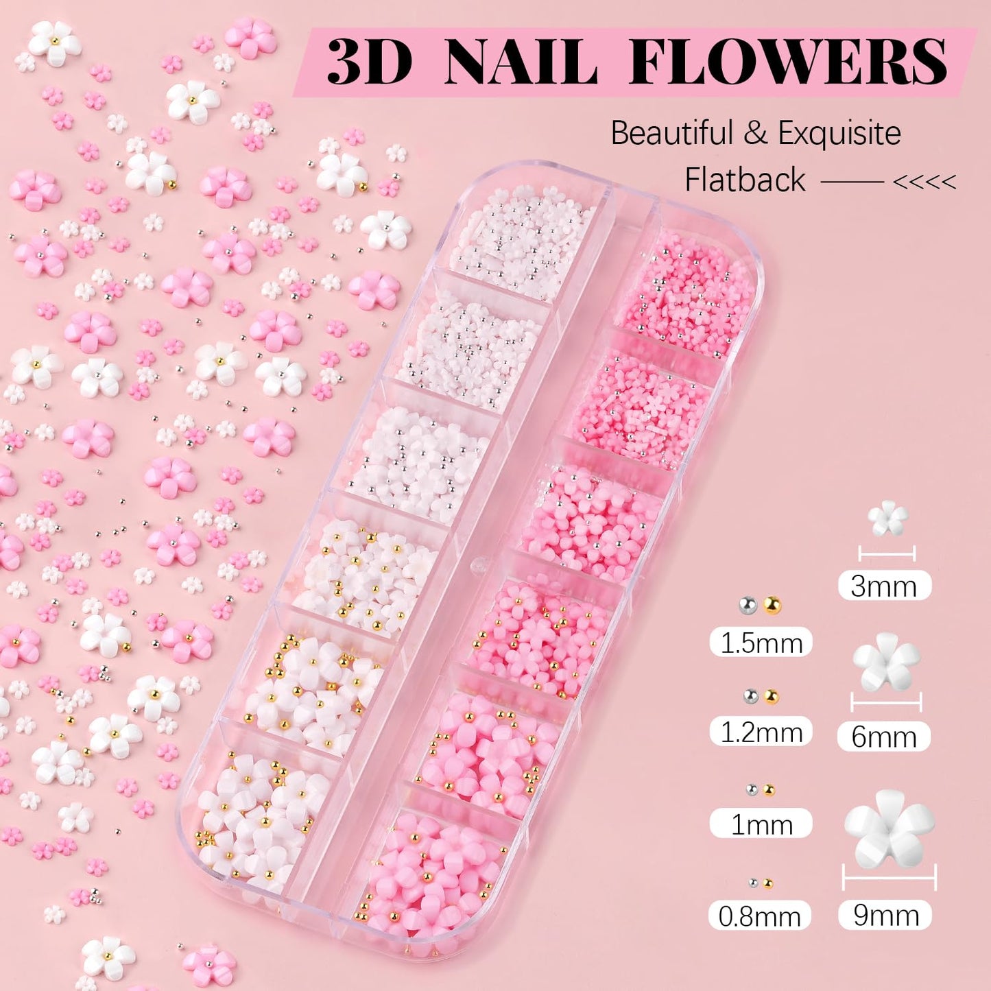 3D Nail Charms, Butterfly White Pink Acrylic Flower Starry AB Gemstones Caviar Beads Half Round Pearl, Flat Back Glass Crystal AB + Clear Round Gems Rhinestones for Nails with Pickup & Dotting Tools