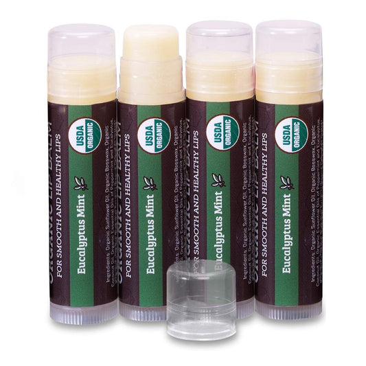 Earth's Daughter USDA Organic Lip Balm 4-Pack Eucalyptus Mint Flavor - Beeswax, Coconut Oil, Vitamin E - Best Lip Repair Chapstick for Dry Cracked Lips.
