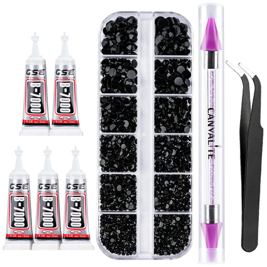 Canvalite 2784PCS Black Rhinestones Flat Back Gems, Nail Rhinestones Nail Art Gems with 5Pcs Jewelry Glues, Tweezers and Rhinestone Picker, Nail Art Tools for Nails, Clothes, Face, Crafts