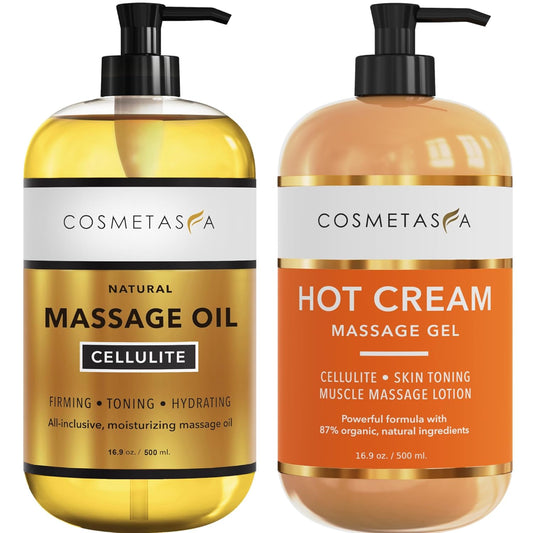 Cellulite Massage Oil & Hot Cream - 100% Natural Cellulite Oil & Gel, Highly Absorbable, Firm, Tone, Tighten & Moisturize Skin - Soothes Muscles (16.9 Fl Oz Each Bottle)