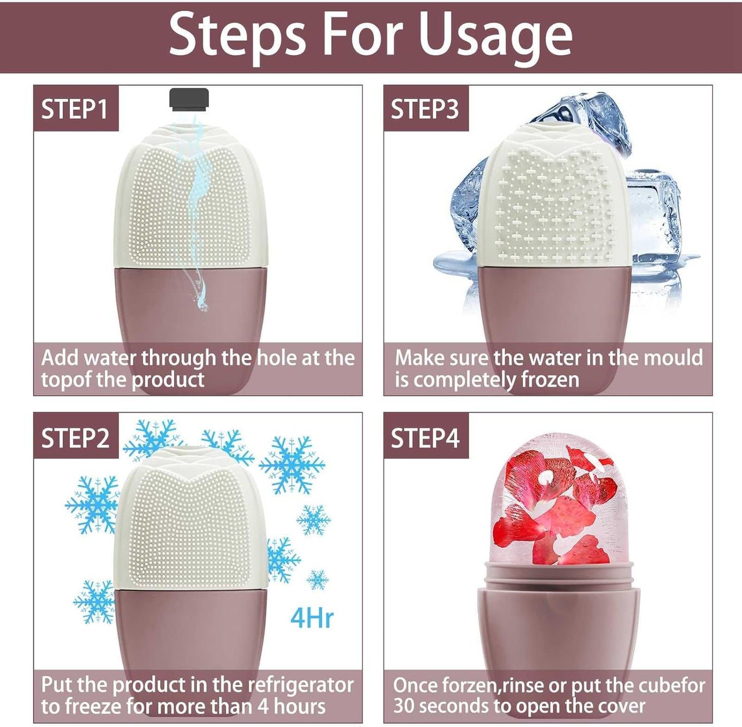 KOGITI Face Ice Roller & Mold - Beauty Facial Massage Tool for Puffiness Relief, Ice Cube Holder (Brush-Brown)