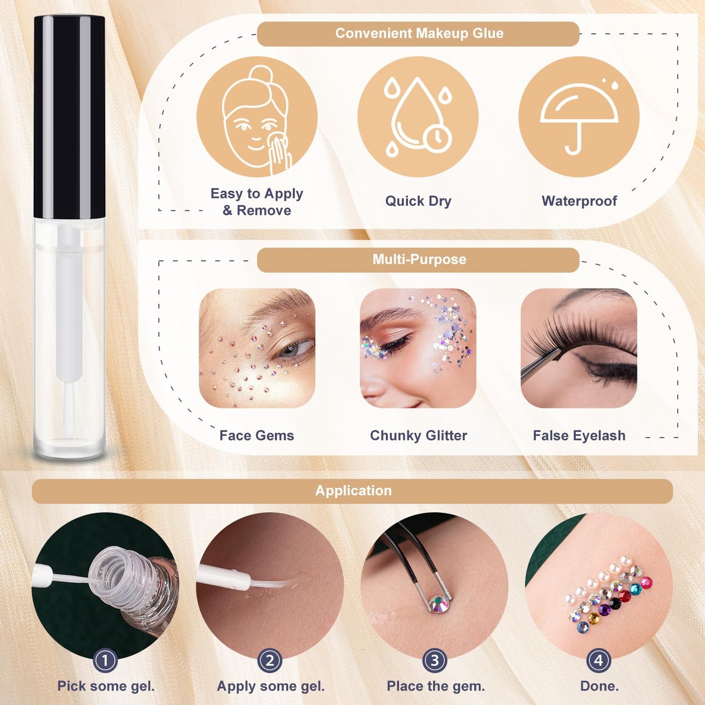 Colorful Face Gems for Makeup Set, Clear Glass Gems+Mixed-Colored Crystals with Picker Pencil, Makeup Glue, Dual-End Dotting Tool, Tweezer for Eye Body Hair Make-up and Nail Art Deco