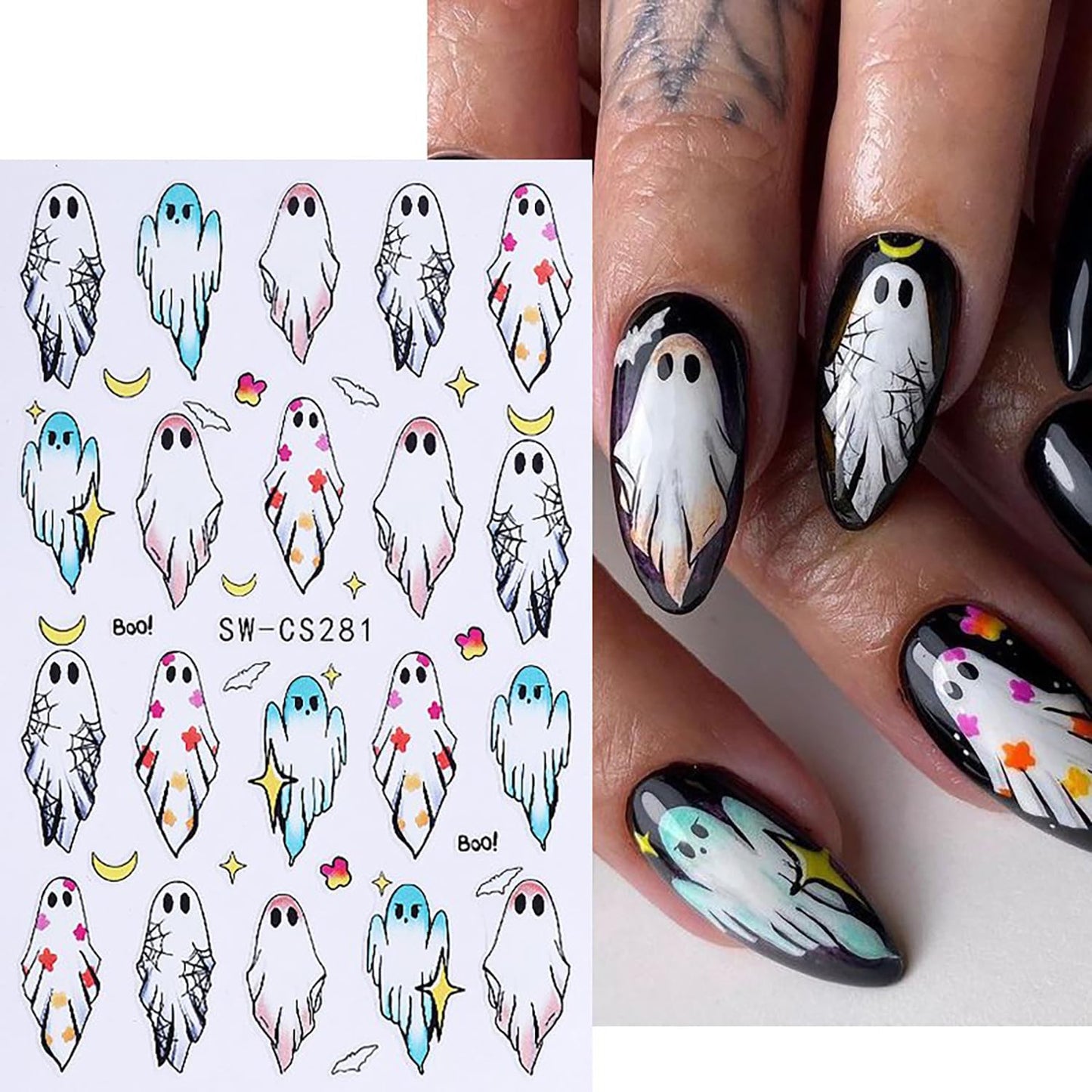 6 Sheets Halloween Nail Art Stickers 3D Self -Adhesive Cute Ghost Pumpkin Nail Decals Holographic Heart Spider Web Skeleton Flame Nail Stickers Halloween Nail Decoration for Women Manicure Supplies