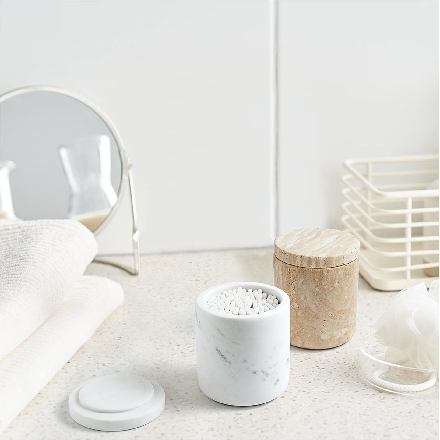WORHE Marble Qtip Holder with Lid Natural Cotton Ball Container for Cotton Swabs,Makeup Sponges,Bath Salt Large Capacity Bathroom Canisters Jars for Countertop Storage and Organization White (WH051)