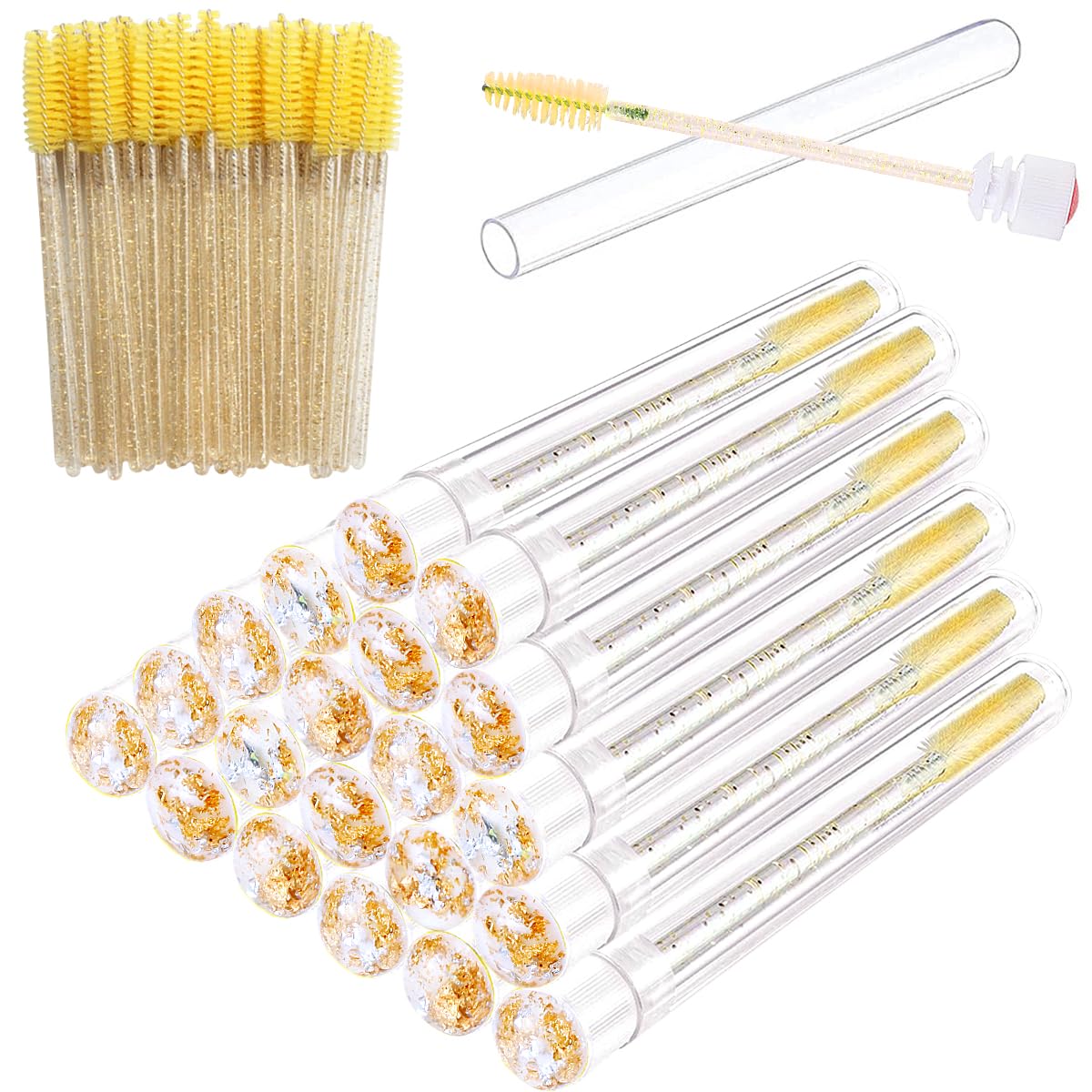 Mascara Brushes Tubes Set 70 Pieces Disposable Eyelash Brushes Replacement with 20 Pieces Empty Tubes for Eyelash Extension Lash Mascara Wand (Gold Sequins)