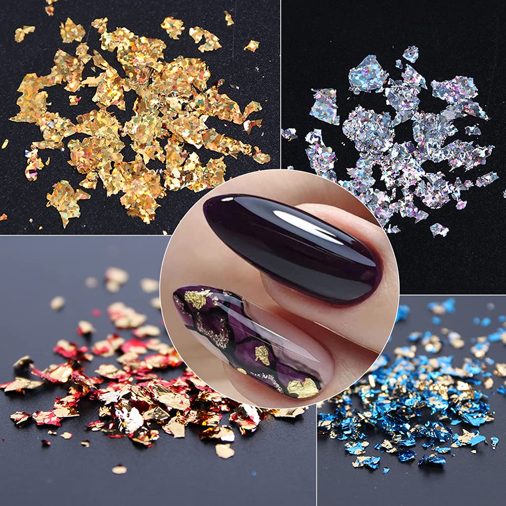Gold Nail Art Glitter & Sequins Holographic Irregular Foil Sticker 3D Glitter Foil Flakes Decals - 12 Colors