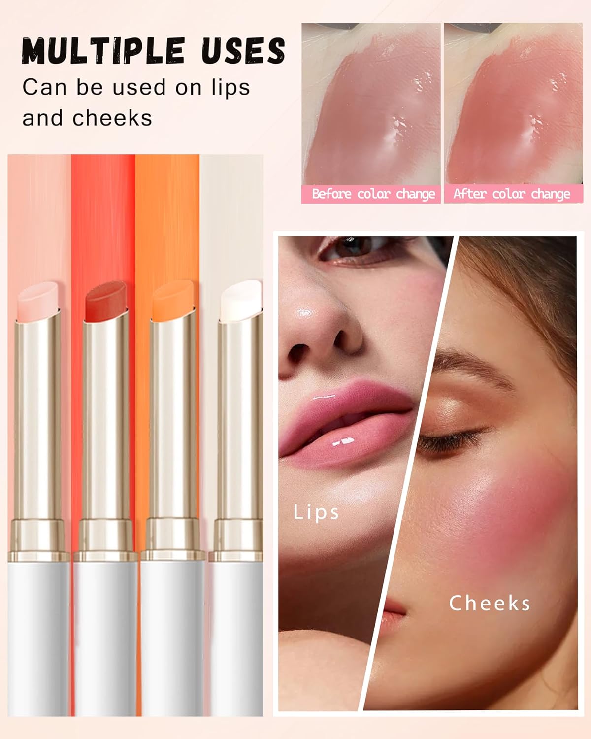 PH Color Changing Lipstick, Waterproof Temperature Color Change Lip Balm, Multi-Use Lip and Cheek Tinted Lip Gloss, Long-Lasting Hydrating Moisturizing Lip Tint,Festival Makeup Gift for Women-04 White