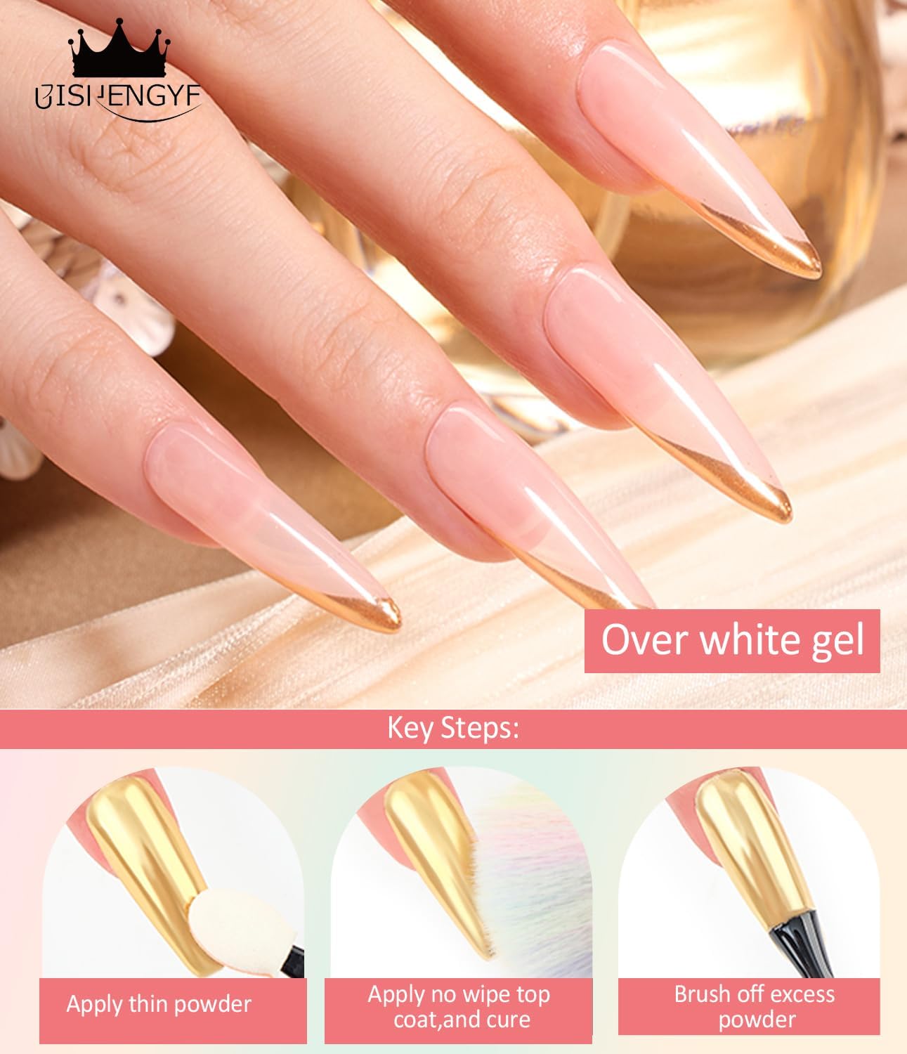 Rose Gold Chrome Nail Powder: Metallic Mirror Powder Holographic Pigment Powder Silver Green Chrome Nail Powder for Nails Rose Gold Nail Chrome Powder for Nails Art DIY Decoration