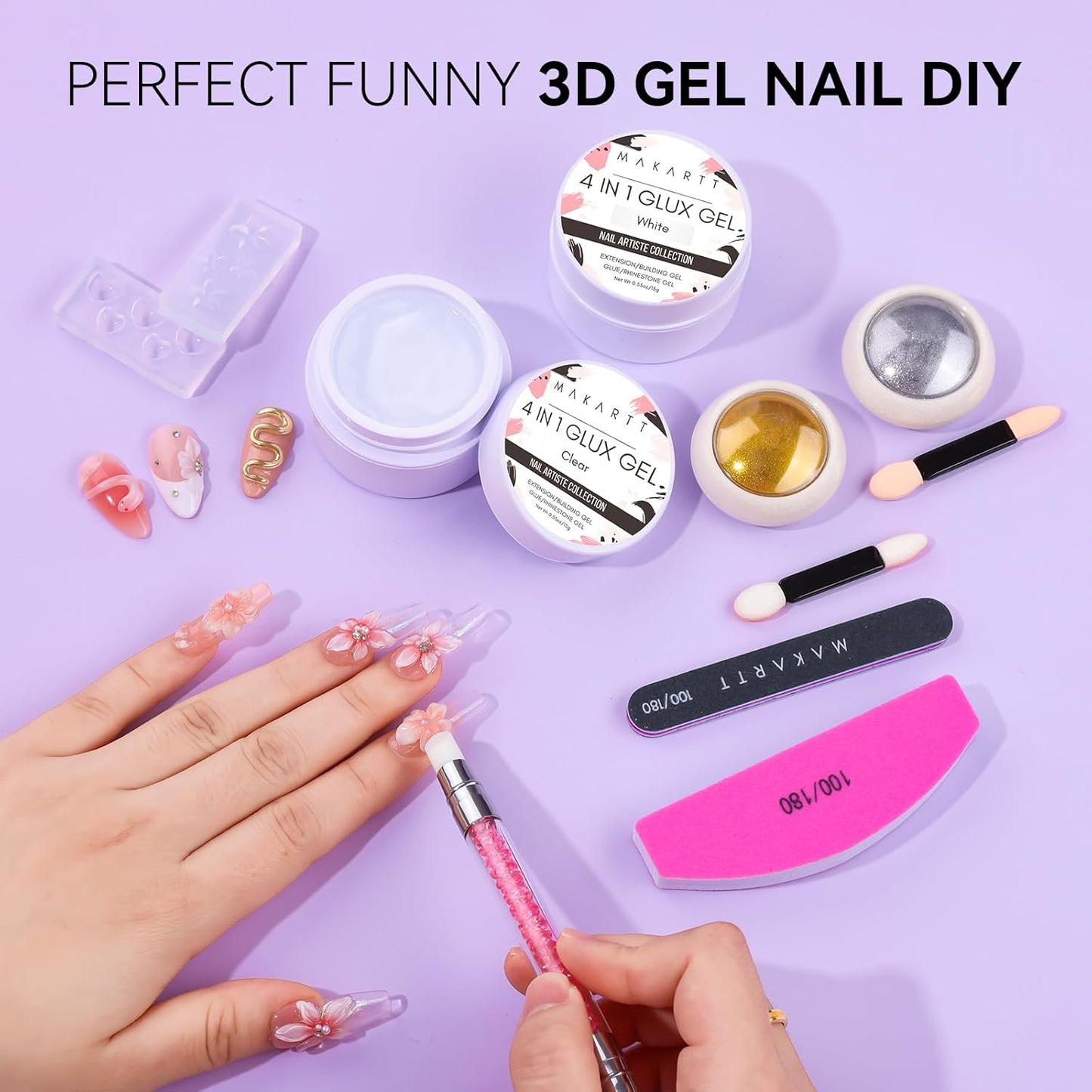 Makartt 3D Gel Nail Art for Nails Starter Kit: Clear and White for Extension Solid Gel Builder DIY Manicure, 3d Molding Hard Gels with Gold & Silver Chrome Powder Silicone Flower Molds Sculpture Brush