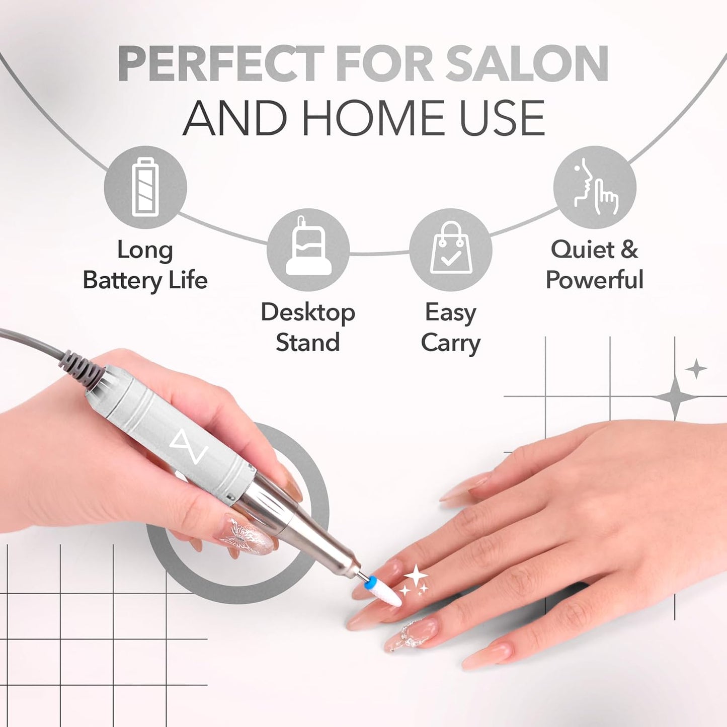M Mase- Professional Nail Drill Machine - Coreless 2-in-1 Nail File - Electric, Cordless, 35000 RPM, HD Display - Electric Nail Drill for Professional & Home Use (White)