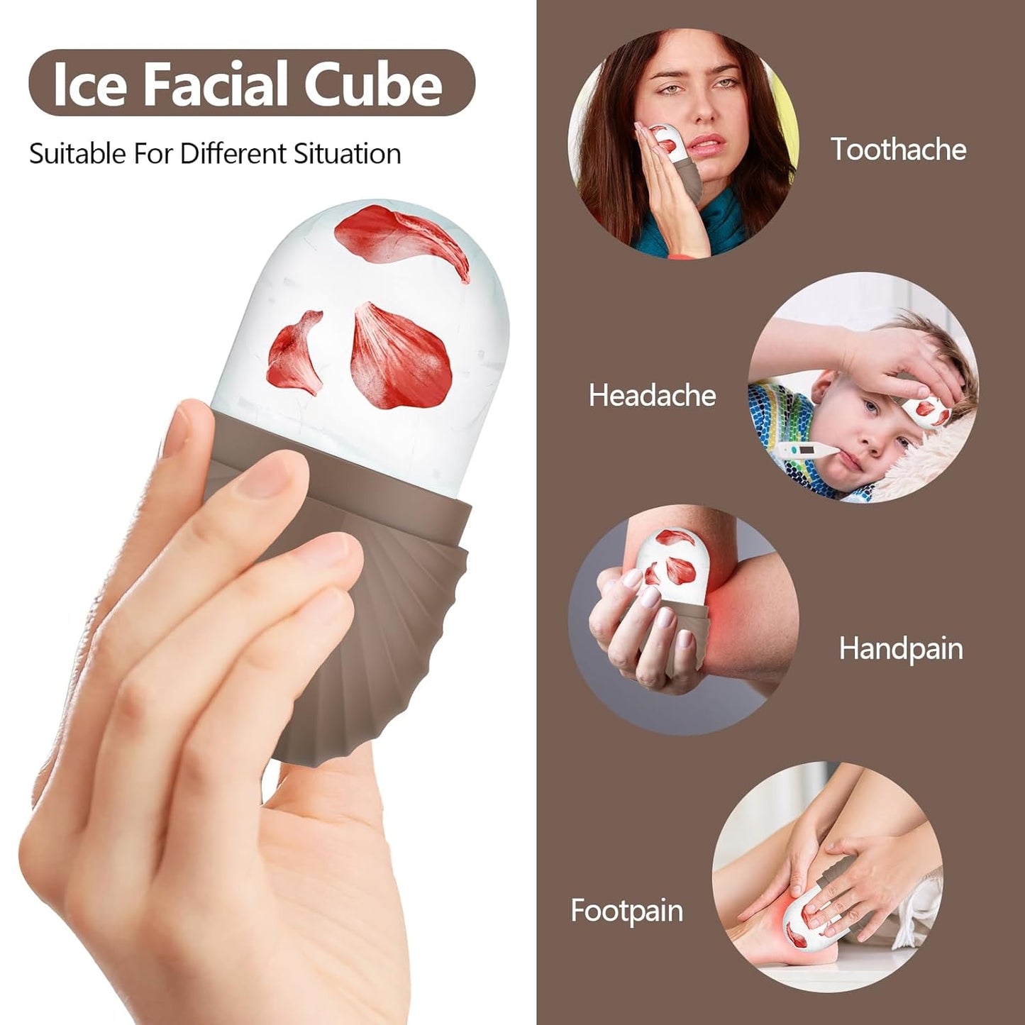 Ice Roller for Face and Eye, Silicone Ice Facial Roller Ice Holder, Face Ice Mold Skin Care, Face Icers Reusable Ice Cube Roller for Shrink Pores Anti Wrinkle Reduce Puffiness, Brown