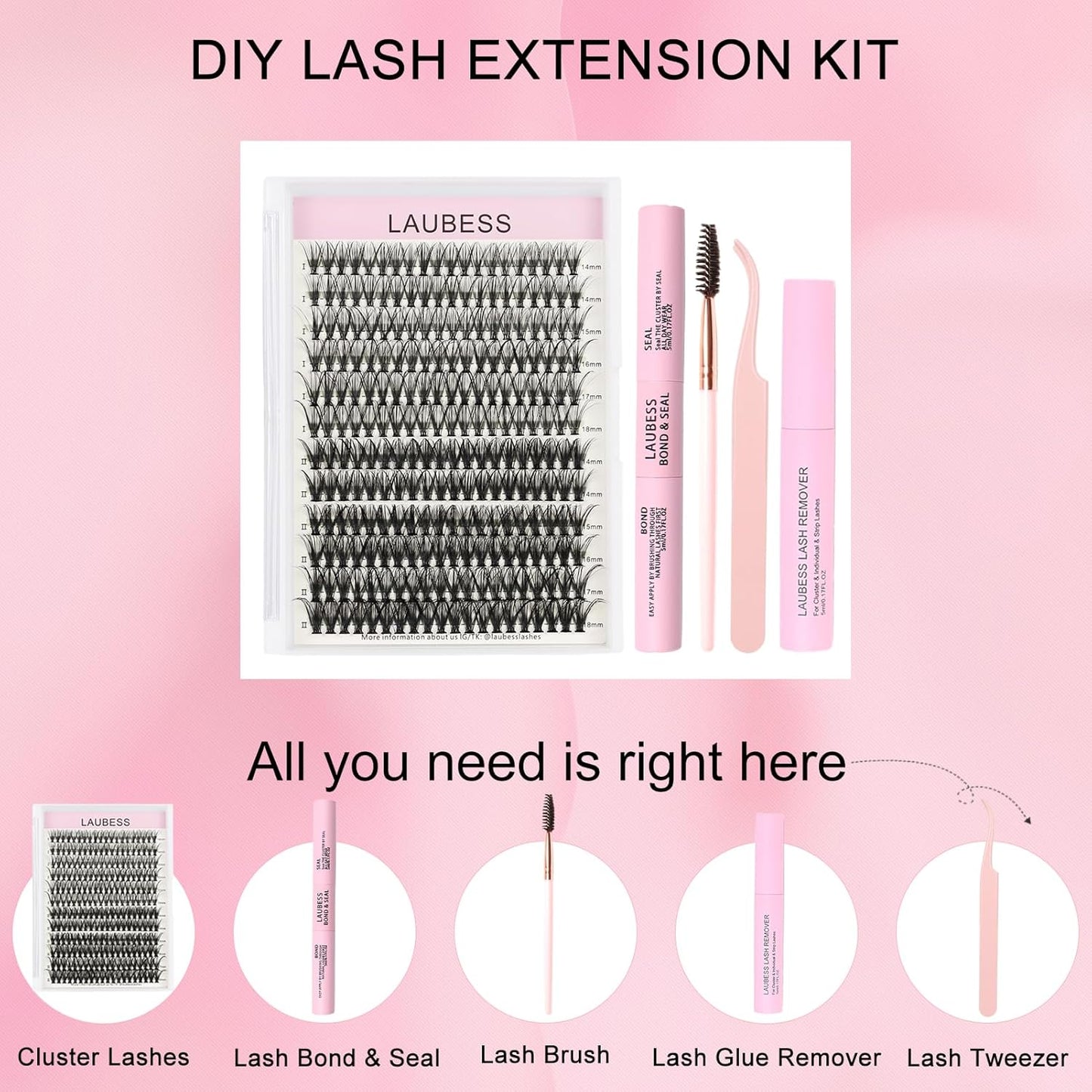 Lash Clusters Kit LAUBESS DIY Lash Extension Kit Lash Bond and Seal Waterproof Lash Glue Remover Tweezers Brush Cluster Eyelash Extensions Kit Eyelash Clusters (Kit 30D/40D-C-Mix14-18)