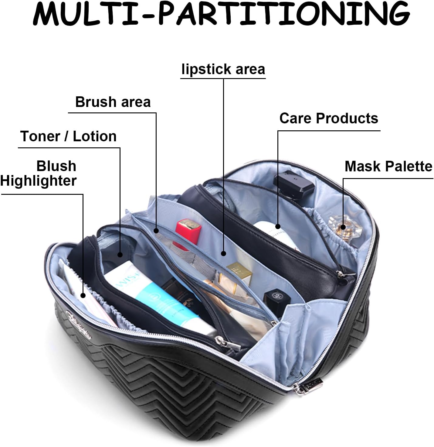 Travel Makeup Bags Cosmetic Organizer Bag: Quilted Make up Bag Set of 3 - PU Leather Toiletry Bags for Women - Portable Makeup Organizer with Compartments & Handle & Divider (14 Black New)