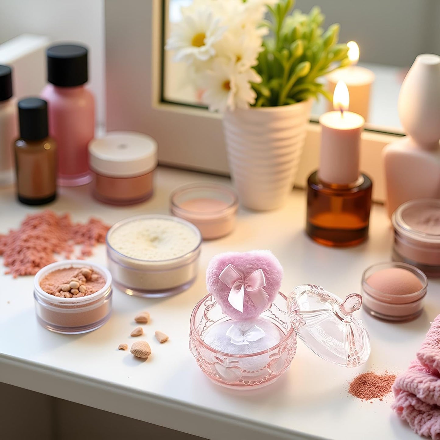 Body Powder Puff and Container - Glass Dusting Powder Container with 2 Soft Puffs Vintage Powder Puff Case for Women & Girls (3.93x3.93x4.13 H in) - GRB017-Pink