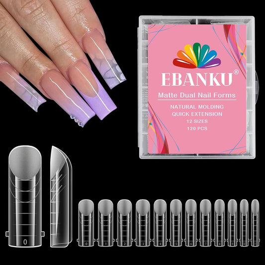 EBANKU Poly Gel Nail Forms, 120Pcs Coffin Matte Dual Nail Forms Clear Nail Molds Square Full Cover Nail Tips for Nail Extension Nail Art DIY 12 Sizes