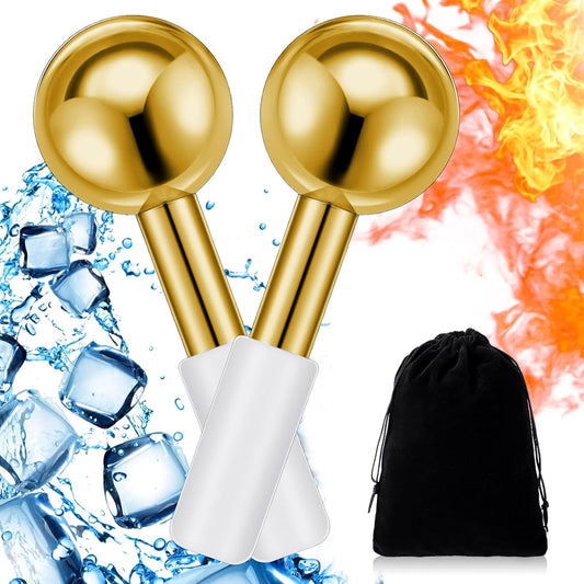 Baderke 2 Pcs Ice Globes for Face Stainless Steel Cooling Globes Unbreakable Cooling Roller Women Ice Balls Cryo Sticks Face Skin Care for Dark Circles, Puffiness(Gold (white Handle))