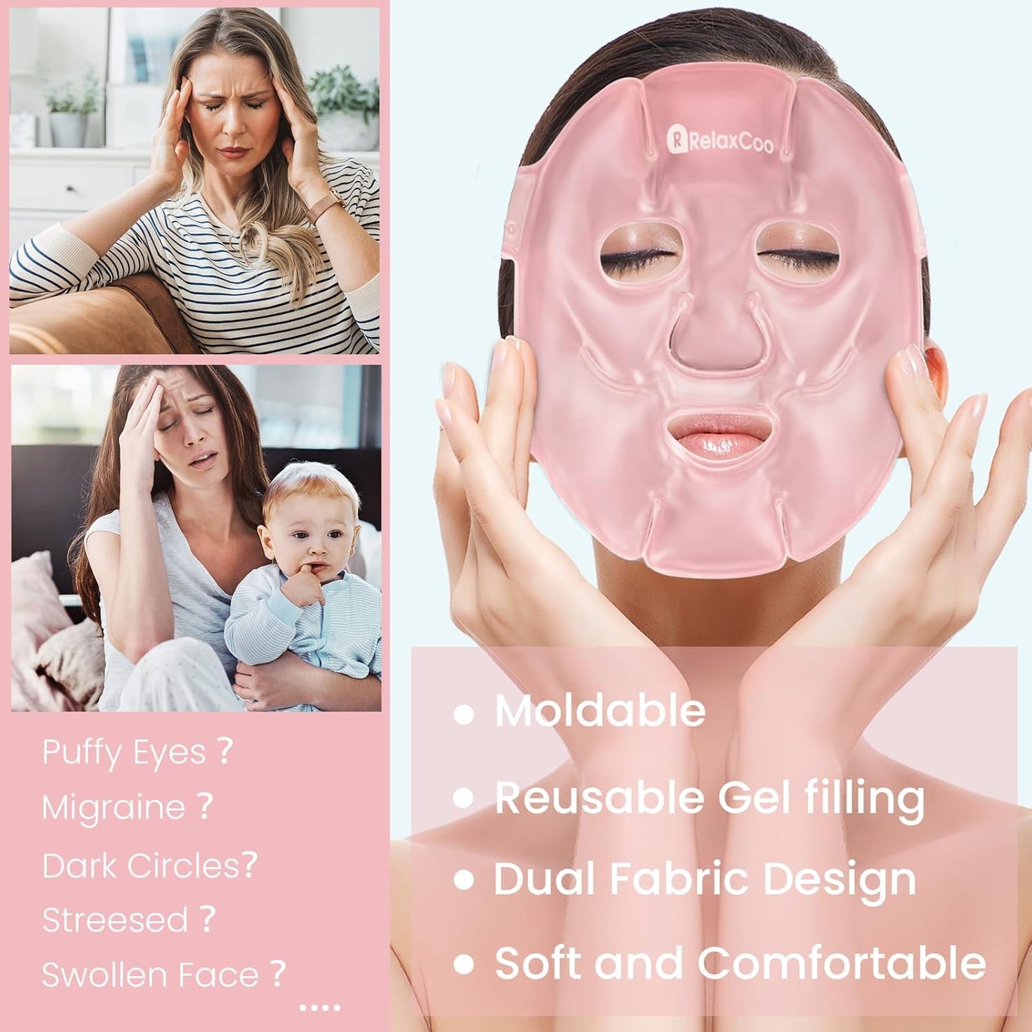 Cold Face Eye Mask Ice Pack Reduce Face Puff,Dark Circles,Gel Hot Cold Compress,Face SPA for Woman Sleeping, Pressure, Headaches, Skin Care， Pink