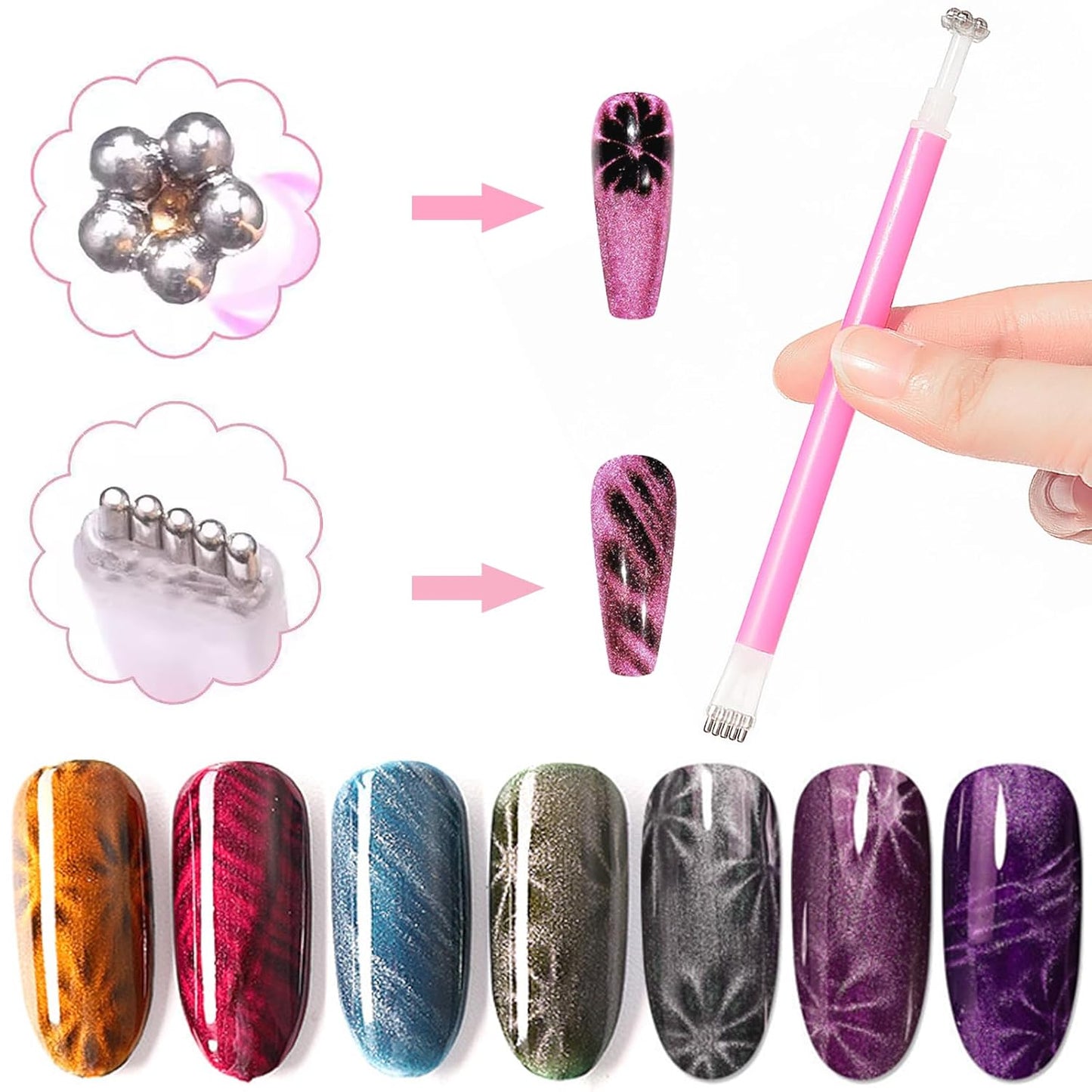 13pcs Pink Cateye Magnet for Nails Double-Ended Hexagon Nail Magnet Stick Flower Cat Eye Magnetic Pen 9 Stripe Nail Magnet Plates for Cat Eye Gel Nail Polish