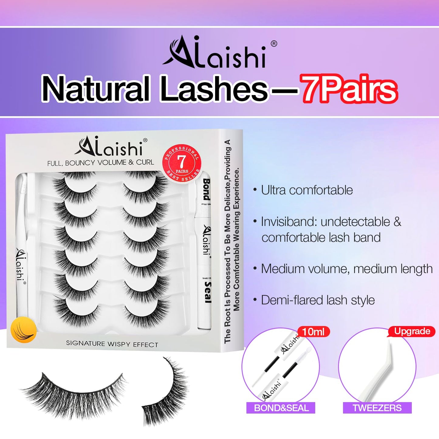 Wispy False Eyelashes Kit With Bond, Seal and Tweezer, 7 Pairs Natural Look Fake Cat Eye Lashes Strips Thin Band Extensions Waterproof Easy Eyelashes for Beginners RQ45