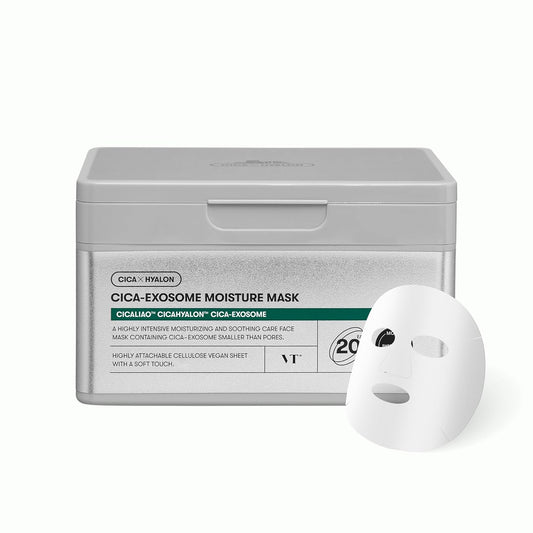VT COSMETICS Cica-Exosome Moisture Mask 20 Sheets, Centella Asiatica & Hyaluronic Acid with Exosomes for Deep Hydration & Calming, Biodegradable Vegan Sheets, Korean Face Mask
