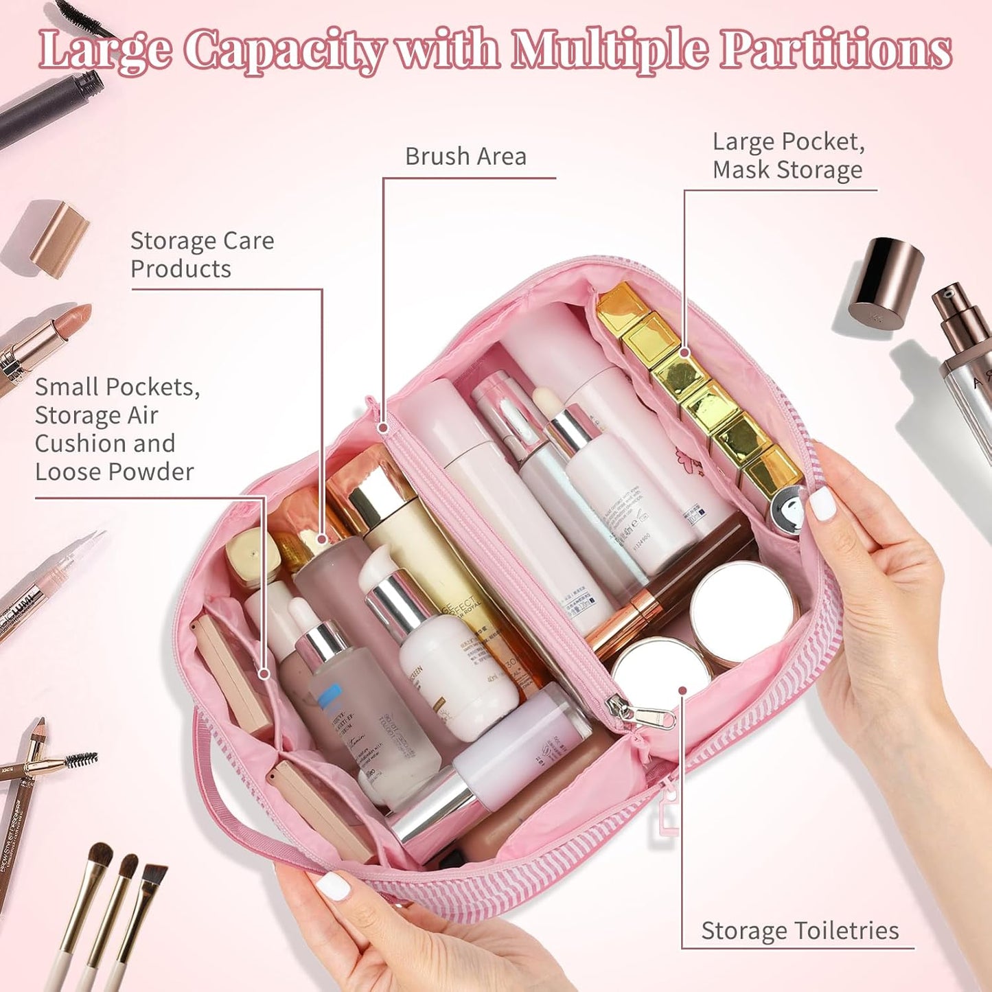 Travel Makeup Bag for Women, 2Pcs Portable Personalized Initial Makeup Organizer Bag, Open Flat Large Cosmetic Bag With Travel Essential Pouch (Pink Letter V)