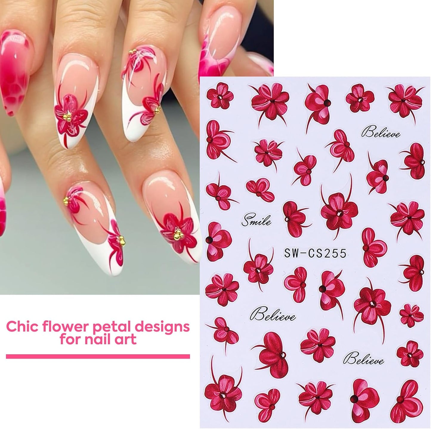 Flower Petal Nail Art Sticker 12 PCS Simple French Floral Nail Decals Lily Orchid Leaves Flamingo Designs with Tweezers Hot Pink Blue Purple Green Flower Sliders Nail Art Decoration DIY Accessories