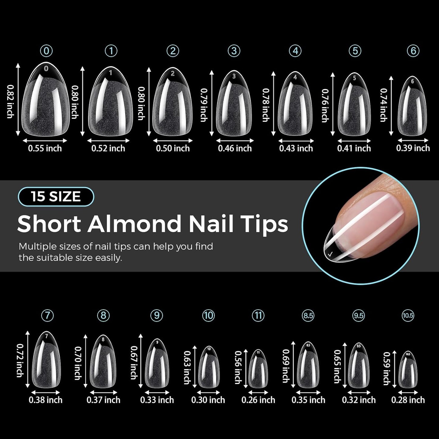 TOMICCA Short Almond Nail Tips, 15 Sizes 240Pcs Acrylic Nail Kit with Almond Nail Tips - Clear Press-On Nails for Extension, DIY Manicure Set, Gel & Acrylic Nail Tips Natural Fake Nails
