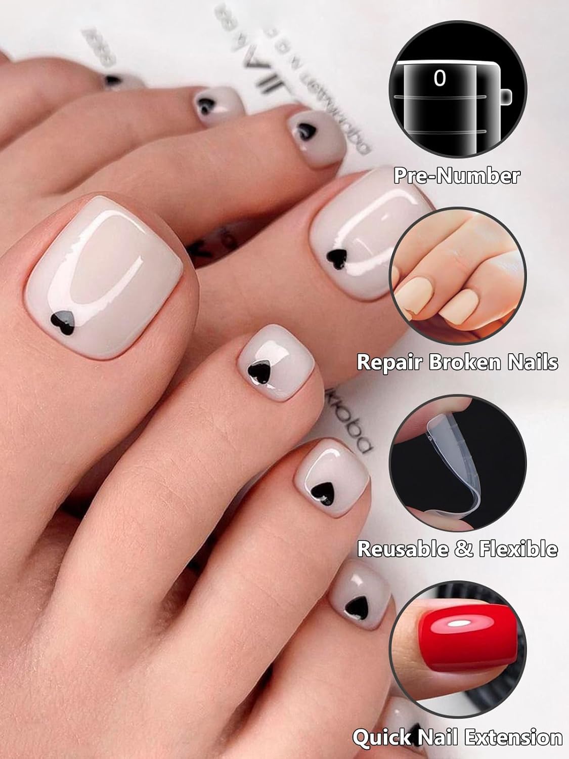 TOROKOM Poly Gel Nail Forms for Toes, Long Square Dual Forms, Toe Pedi Nail Extension Reusable Toe Nail Tips Mold, 120Pcs, 12 Sizes