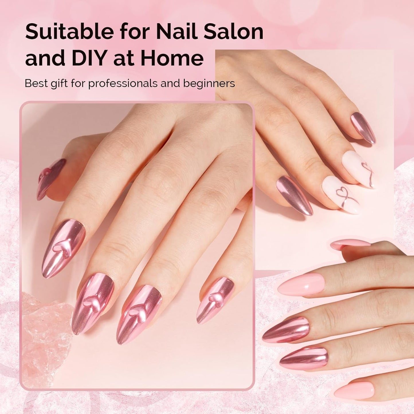 MelodySusie Pink Chrome Nail Powder for Gel Nails,Metallic Mirror Effect Pigment Stylish Fine Glitter for Home DIY Salon Use