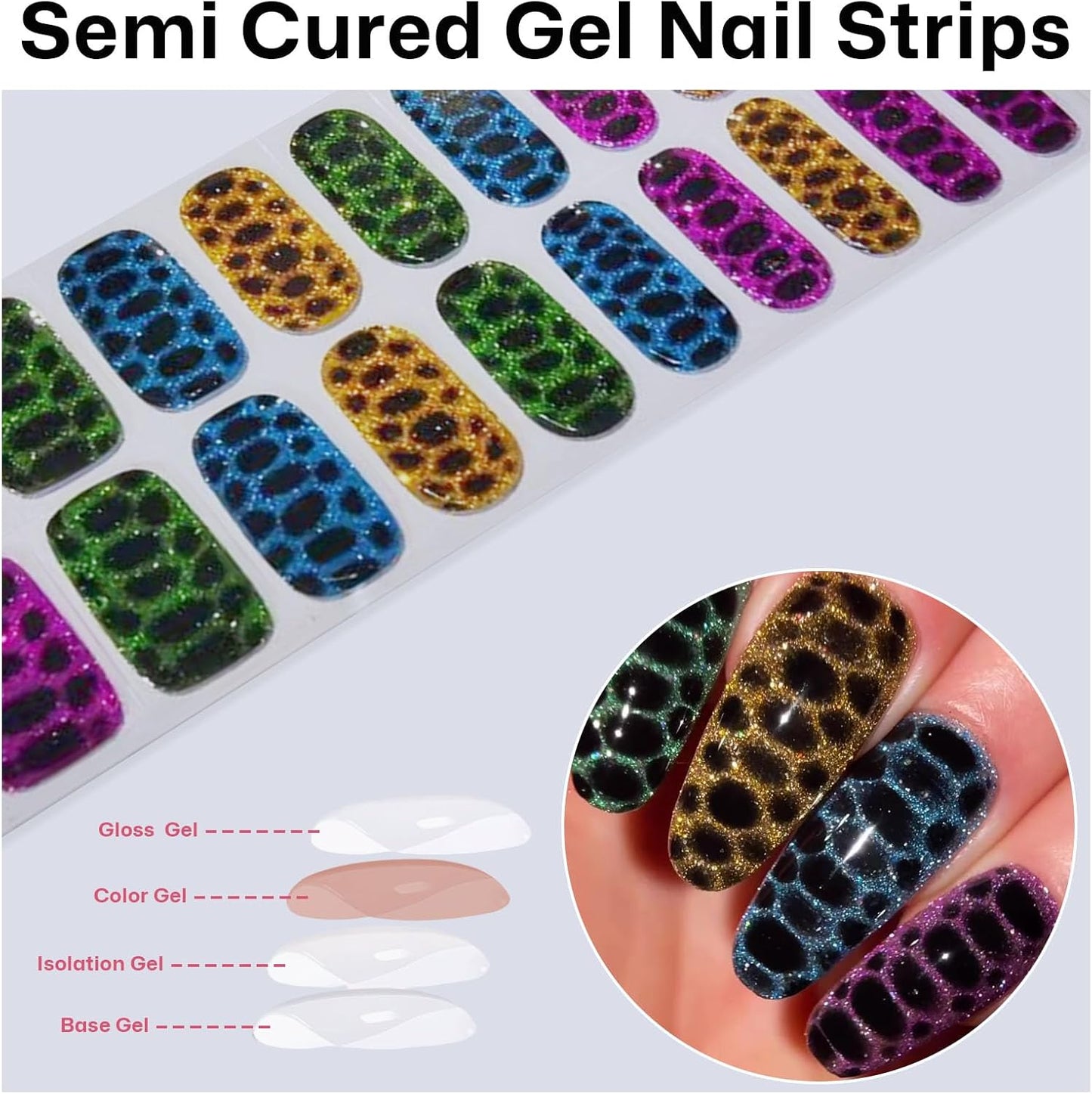 Semi Cured Gel Nail Strips with Leopard Designs Colorful Glitter Nail strips Fall Wraps Salon Quality & Easy to Use 20 Pcs for Women